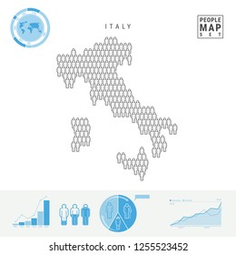 Italy People Icon Map. People Crowd in the Shape of a Map of Italy. Stylized Silhouette of Italy. Population Growth and Aging Infographic Elements. Vector Illustration Isolated on White.