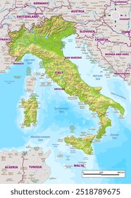 Italy physical map with national borders, rivers and lakes, mountains, parks, labeling