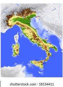 Italy. Physical vector map, colored according to elevation, with rivers, ocean depths and selected cities. Surrounding territory greyed out. 39 layers, fully editable. Data source: NASA