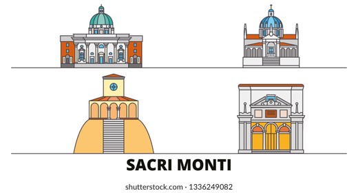 Italy, Piedmont And Lombardy, Sacri Monti flat landmarks vector illustration. Italy, Piedmont And Lombardy, Sacri Monti line city with famous travel sights, design skyline. 