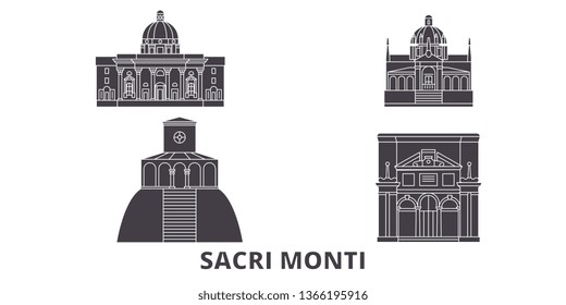 Italy, Piedmont And Lombardy, Sacri Monti flat travel skyline set. Italy, Piedmont And Lombardy, Sacri Monti black city vector illustration, symbol, travel sights, landmarks.