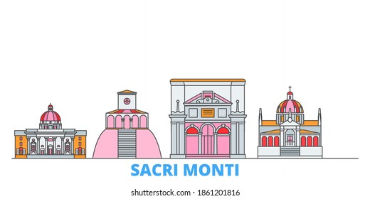 Italy, Piedmont And Lombardy, Sacri Monti line cityscape, flat vector. Travel city landmark, outline illustration, line world icons