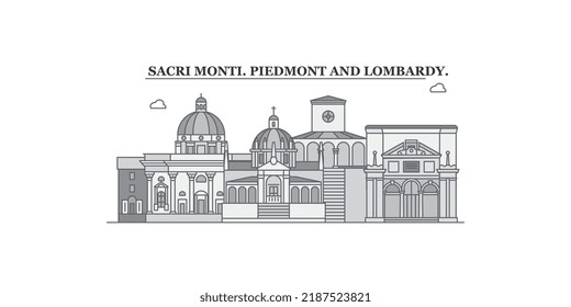 Italy, Piedmont And Lombardy, Sacri Monti city skyline isolated vector illustration, icons