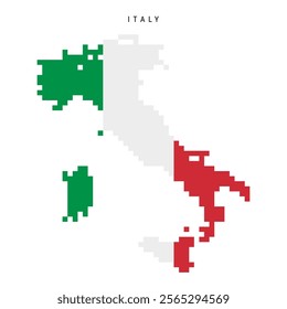 Italy pixel flag map icon. 8 bit pixel art Italian map covered with flag. Flat vector illustration isolated on white background.