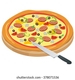 Italy Pizza, flat pizza Pizza on the chalkboard with the ingredients, knife. On write background. Appetizing. Fast food.