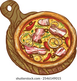 Itália Pizza Vetor Ilustração para Pizzaria e Menus Italianos, Fatia de Pizza Estilo Cartoon para Fast Food e Design de Restaurante, Suculento Pepperoni Pizza com Bacon Tomatoes e Paprika Ilustração


