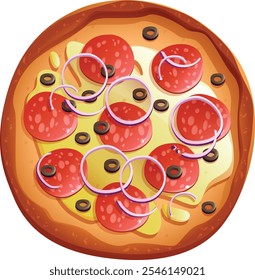 Itália Pizza Vetor Ilustração para Pizzaria e Menus Italianos, Fatia de Pizza Estilo Cartoon para Fast Food e Design de Restaurante, Suculento Pepperoni Pizza com Bacon Tomatoes e Paprika Ilustração


