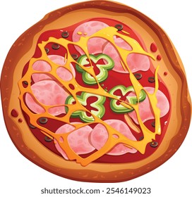 Itália Pizza Vetor Ilustração para Pizzaria e Menus Italianos, Fatia de Pizza Estilo Cartoon para Fast Food e Design de Restaurante, Suculento Pepperoni Pizza com Bacon Tomatoes e Paprika Ilustração


