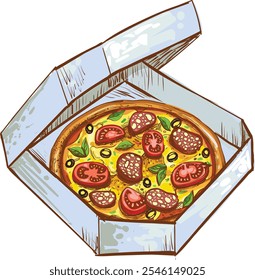 Itália Pizza Vetor Ilustração para Pizzaria e Menus Italianos, Fatia de Pizza Estilo Cartoon para Fast Food e Design de Restaurante, Suculento Pepperoni Pizza com Bacon Tomatoes e Paprika Ilustração


