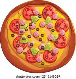 Itália Pizza Vetor Ilustração para Pizzaria e Menus Italianos, Fatia de Pizza Estilo Cartoon para Fast Food e Design de Restaurante, Suculento Pepperoni Pizza com Bacon Tomatoes e Paprika Ilustração


