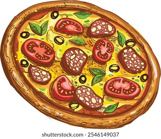 Itália Pizza Vetor Ilustração para Pizzaria e Menus Italianos, Fatia de Pizza Estilo Cartoon para Fast Food e Design de Restaurante, Suculento Pepperoni Pizza com Bacon Tomatoes e Paprika Ilustração


