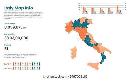 Italy political map of administrative divisions states, Colorful states in Italy map infographic, Italy Map Info, Italy Population.