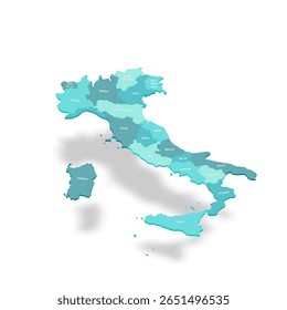 Itália mapa político das divisões administrativas - regiões. Mapa de vetor turquesa 3D com rótulos de nome.