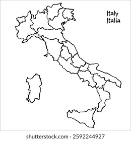 Italy, political map with administrative divisions.continuous line drawing, hand drawn scribble style map
