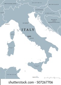 Italy political map with capital Rome, with national borders and neighbor countries. Gray illustration with English labeling and scaling on white background. Illustration.