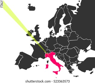 Italy - political map of Europe with marked state. Marker looks like ray of light. (vector illustration)