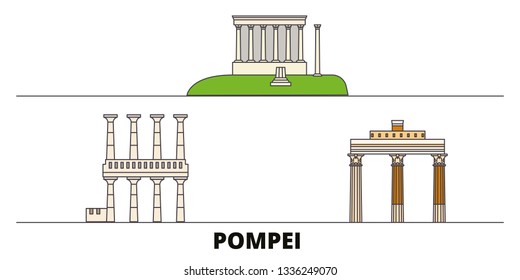 Italy, Pompei flat landmarks vector illustration. Italy, Pompei line city with famous travel sights, design skyline. 