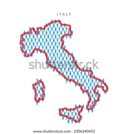 Italy population map. Stick figures Italian people map with bold red translucent country border. Pattern of men and women icons. Isolated vector illustration. Editable stroke.