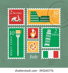 Italy Postage : Tourist Attraction in Postage Stamps Template : Vector Illustration