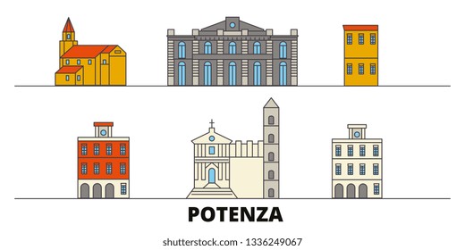 Italy, Potenza flat landmarks vector illustration. Italy, Potenza line city with famous travel sights, design skyline. 