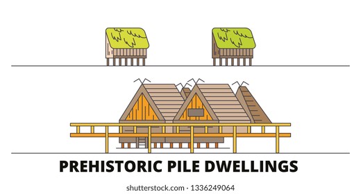 Italy, Prehistoric Pile Dwellings flat landmarks vector illustration. Italy, Prehistoric Pile Dwellings line city with famous travel sights, design skyline. 