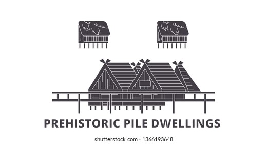 Italy, Prehistoric Pile Dwellings flat travel skyline set. Italy, Prehistoric Pile Dwellings black city vector illustration, symbol, travel sights, landmarks.