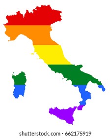 Italy pride gay vector map with rainbow flag colors. Europe country. EU state. 