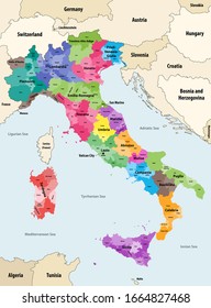 Italy provinces colored by regions vector map with neighbouring countries and territories