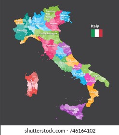 Italy provinces vector map colored by regions. All layers detachable and labeled