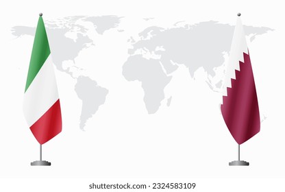 Italy and Qatar flags for official meeting against background of world map.