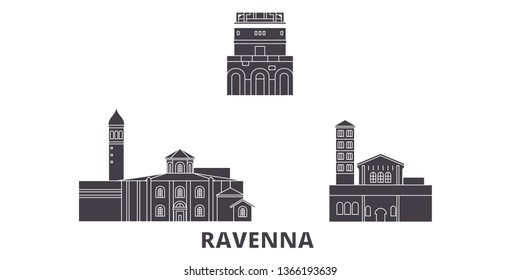 Italy, Ravenna City flat travel skyline set. Italy, Ravenna City black city vector illustration, symbol, travel sights, landmarks.