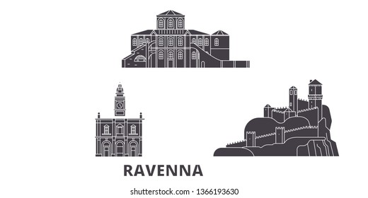 Italy, Ravenna flat travel skyline set. Italy, Ravenna black city vector illustration, symbol, travel sights, landmarks.