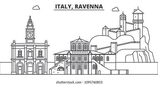 Italy, Ravenna line skyline vector illustration. Italy, Ravenna linear cityscape with famous landmarks, city sights, vector landscape. 