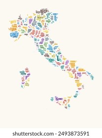 Italien Regionen Wort Wolke. Country-Logo-Design. Regionen Typografie Stil Vektorgrafik Bild. Italienische farbige Textwolke. Kreative Vektorillustration.