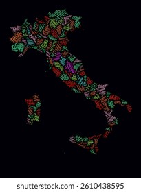 Italy Regions Word Clouds. Bright neon style design on a dark background. Region names of the country in the Italian language. Country shape with administrative division. Stylish vector illustration.