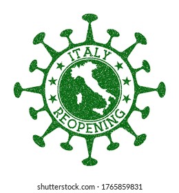 Italy Reopening Stamp. Green round badge of country with map of Italy. Country opening after lockdown. Vector illustration.