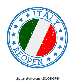 Italy Reopening Stamp. Round badge of country with flag of Italy. Reopening after lock-down sign. Vector illustration.