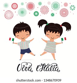 Italy Republic day card with cute children with flags, quote Viva l Italia, Long live Italy, fireworks. Isolated on white background. Vector illustration. Design concept, element for poster, card.