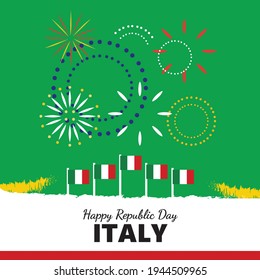 Italy republic day celebration greeting card. Europe national day vector illustration with flags and fireworks.