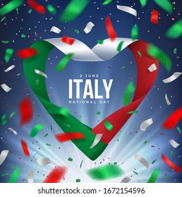Italy Republic day congratulation banner with salute of confetti and ribbon in heart shape in colour of National flag. 2 June National day. Red, white, green design with rays on a blue sky background