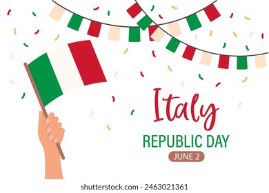 Italy republic day greeting card, banner with template text. Hand with Italy flag. Illustration, vector