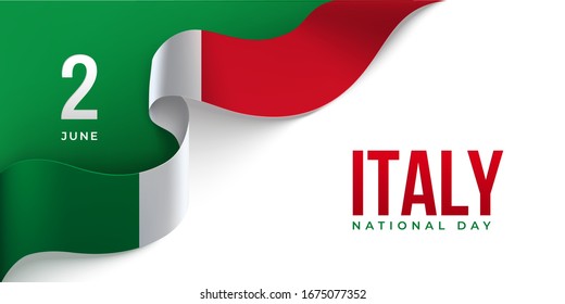 Italy Republic day horizontal banner with waving ribbon in color of National flag. 2 June Italy National day. Red, white, green design on a white background with place for congratulation text.