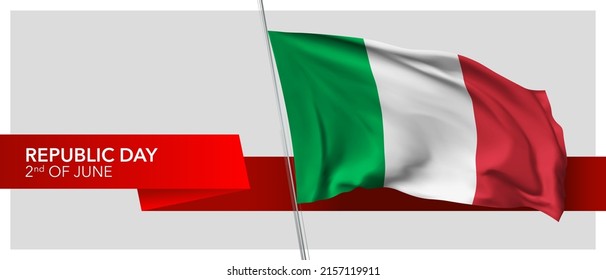 Cartel vectorial del día de la república italiana, tarjeta de saludo. Bandera ondulada italiana en el 2 de junio Día nacional de fiesta patriótica diseño horizontal con insignia realista