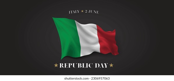 Italy republic day vector banner, greeting card. Italian wavy flag in 2nd of June national patriotic holiday horizontal design with realistic flag