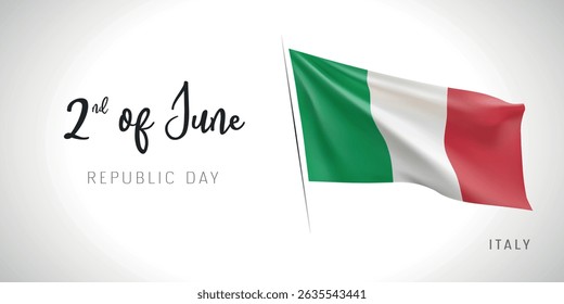 Italy republic day vector banner, greeting card. Italian wavy flag in 2nd of June patriotic holiday horizontal design with realistic flag