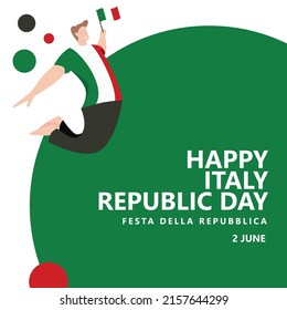 Italy republic day vector illustration with a man jumping and holding the national flag. Italian text translated as Republic Day. European country public holiday celebrated annually on 2 June