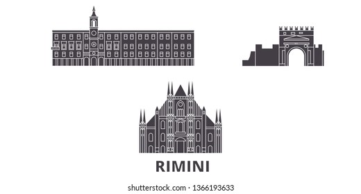 Italy, Rimini flat travel skyline set. Italy, Rimini black city vector illustration, symbol, travel sights, landmarks.