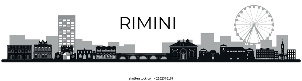 Italia, Rimini contorno horizonte de ciudad, ilustración lineal, banner, punto de referencia de viaje, silueta de edificios.