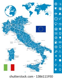 Italy Road Map and Map Navigation Set - Highly Detailed Vector Illustration of Italy Map - Image contains layers with map contours, land names, city names, highways and roads.