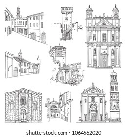 Italy. Romano di Lombardia, Urgnano. Vector sketch town. Hand drawn public and religious buildings, city streets.